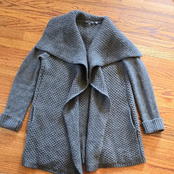 Vince Taupe Wool Knit Cunky Long Cardigan Coat | L - Picture 3 of 5